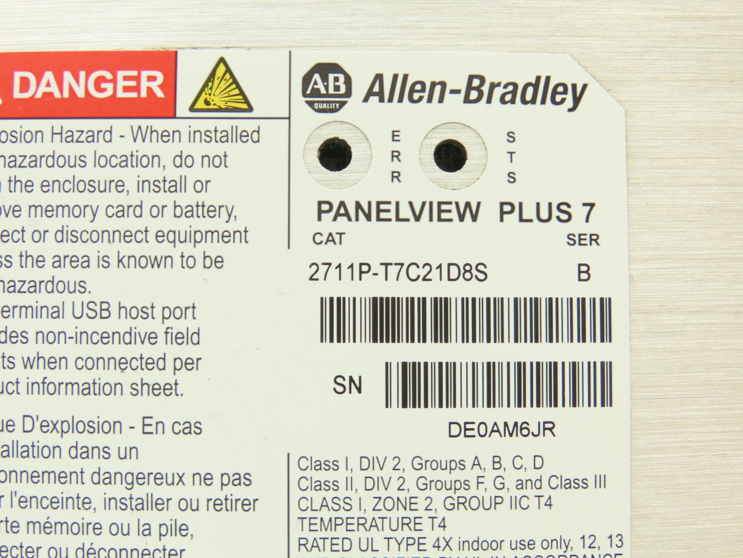 Allen Bradley 2711P-T7C21D8S PanelView Plus 7 Touch Screen Control HMI 24VDC