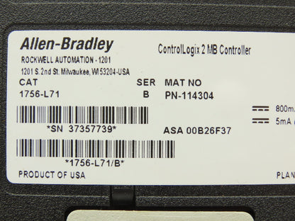 Allen Bradley 1756-L71 ControlLogix 2MB Controller Ser B FW 1.010