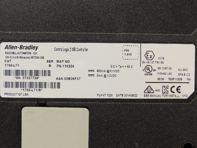 Allen Bradley 1756-L71 ControlLogix 2MB Controller Ser B FW 1.010