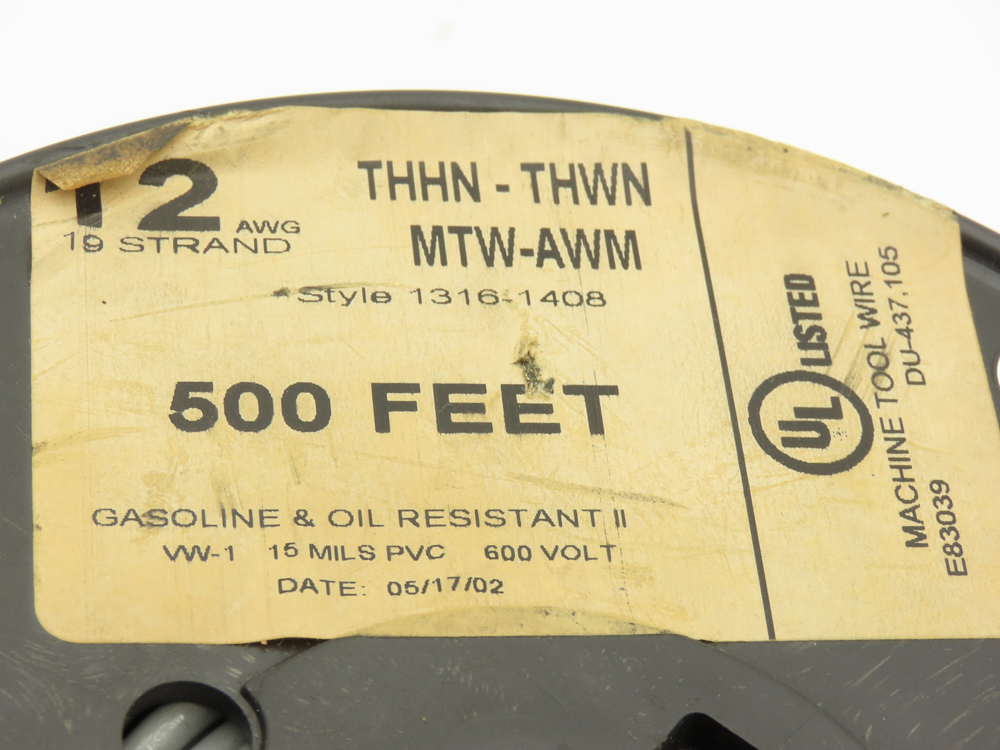 Machine Tool Wire 12AWG 19 Strand 600V 500' Spool Gray Cable THHN-THWN MTW-AWM