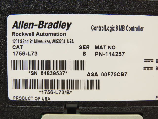 Allen Bradley 1756-L73/B ControlLogix 8 MB Controller Module Ser B FW 1.010