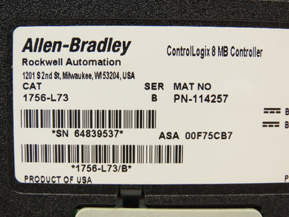 Allen Bradley 1756-L73/B ControlLogix 8 MB Controller Module Ser B FW 1.010