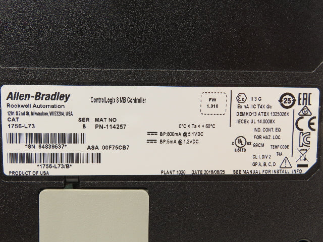 Allen Bradley 1756-L73/B ControlLogix 8 MB Controller Module Ser B FW 1.010