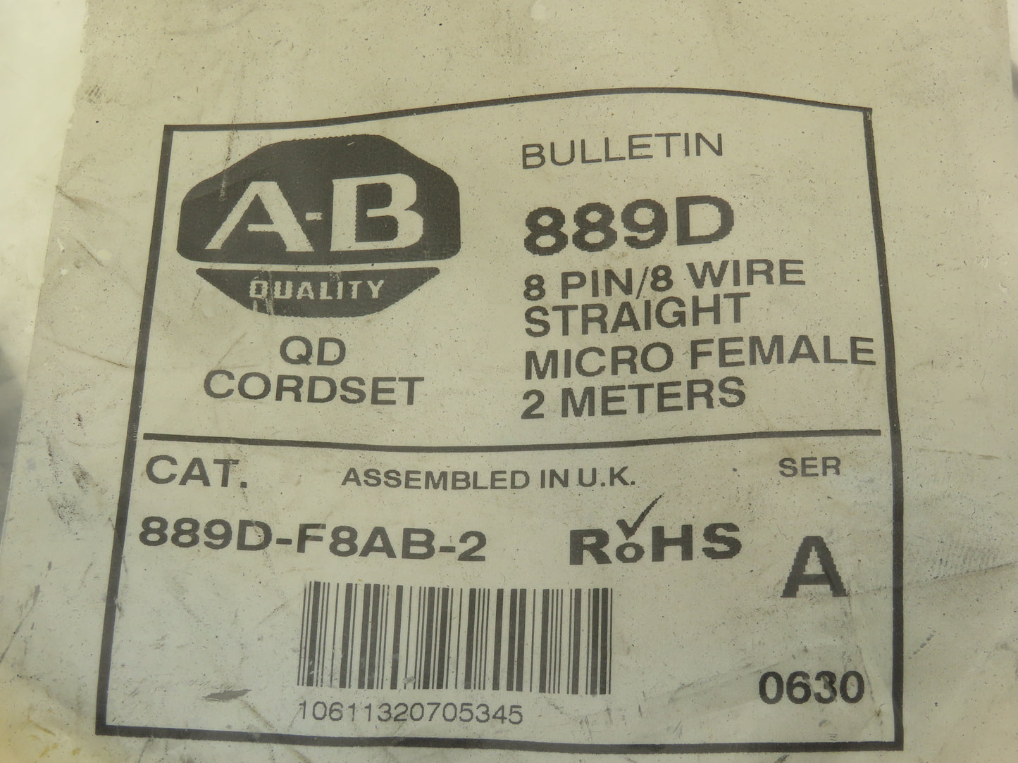 Allen Bradley 889D-F8AB-2 QD Cordset 8-Pin 8-Wire Cable 2M Ser A Gray  Lot of 2