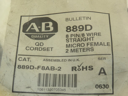Allen Bradley 889D-F8AB-2 QD Cordset 8-Pin 8-Wire Cable 2M Ser A Gray  Lot of 2