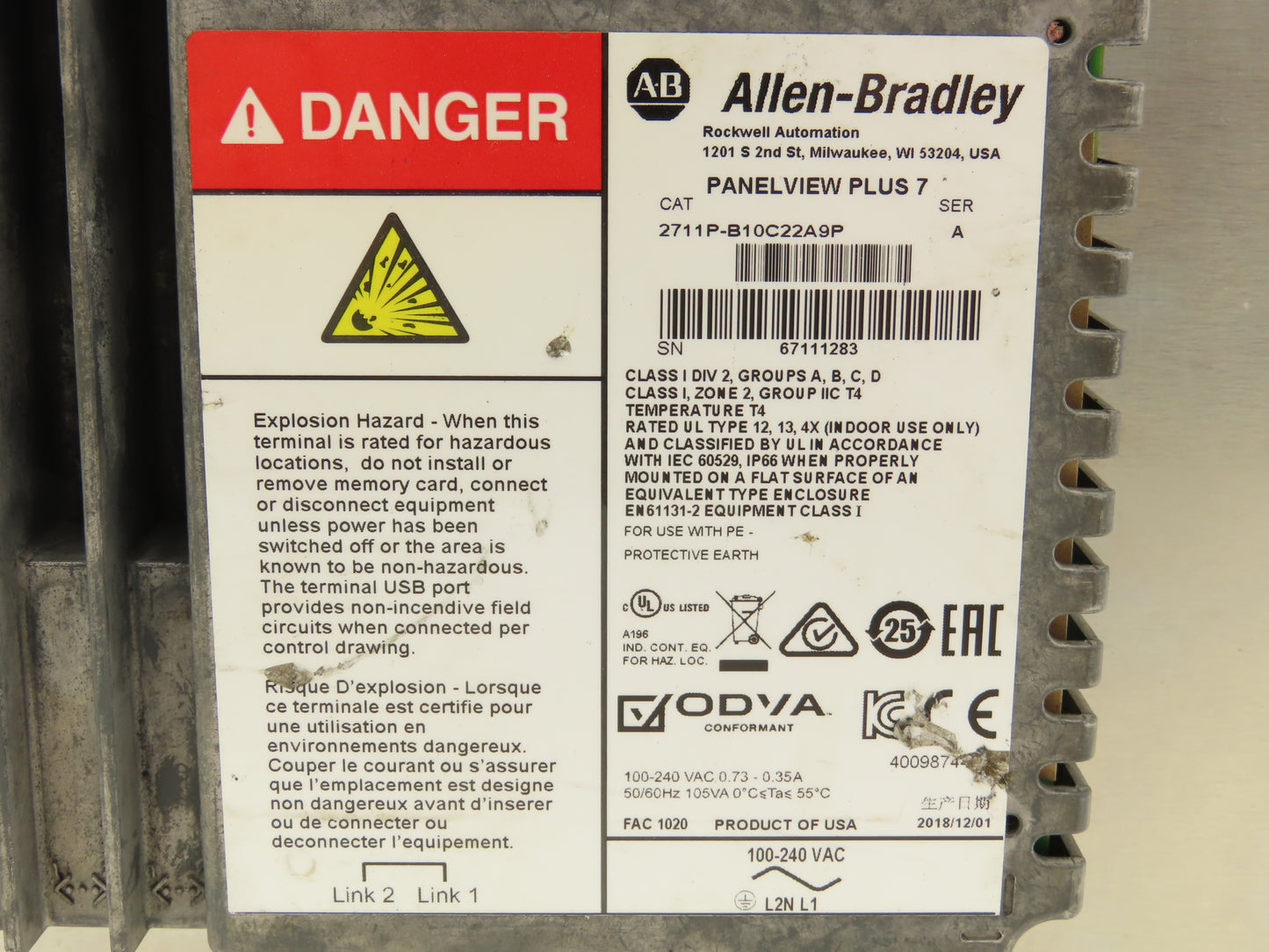 Allen Bradley 2711P-B10C22A9P PanelView Plus 7 Graphic Terminal 9.92" HMI 24VDC