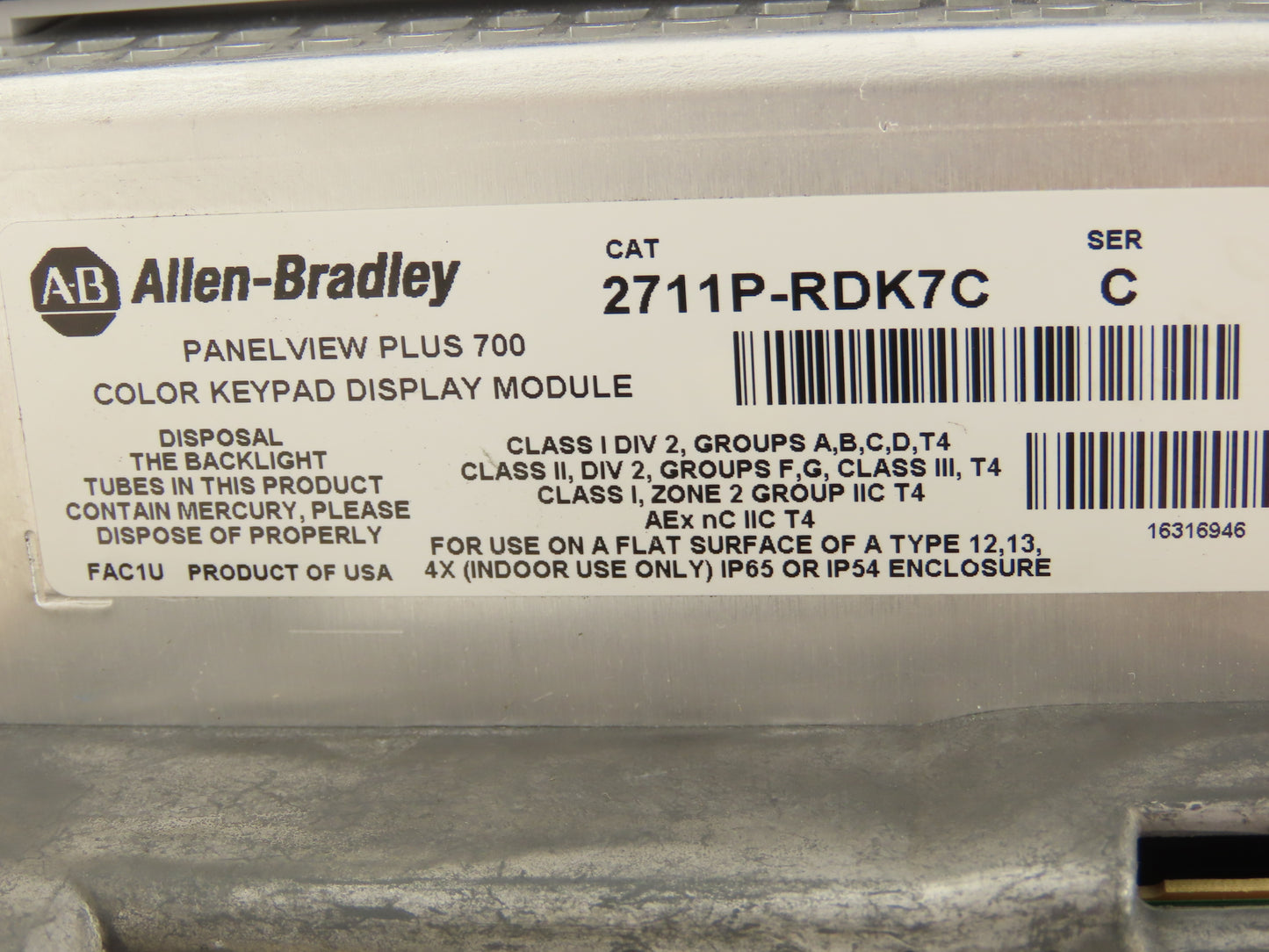 Allen Bradley 2711P-K7C4A8 PanelView Plus 700 Keypad/Touch W/Module 2711P-RDK7C