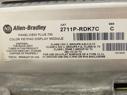 Allen Bradley 2711P-K7C4A8 PanelView Plus 700 Keypad/Touch W/Module 2711P-RDK7C