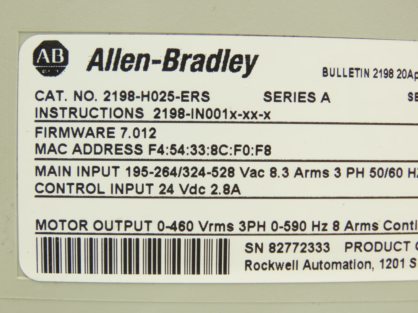 Allen Bradley 2198-H025-ERS Kinetix 5500 Servo Drive 20A Ser A Firmware 7.012