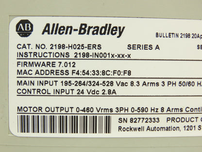 Allen Bradley 2198-H025-ERS Kinetix 5500 Servo Drive 20A Ser A Firmware 7.012