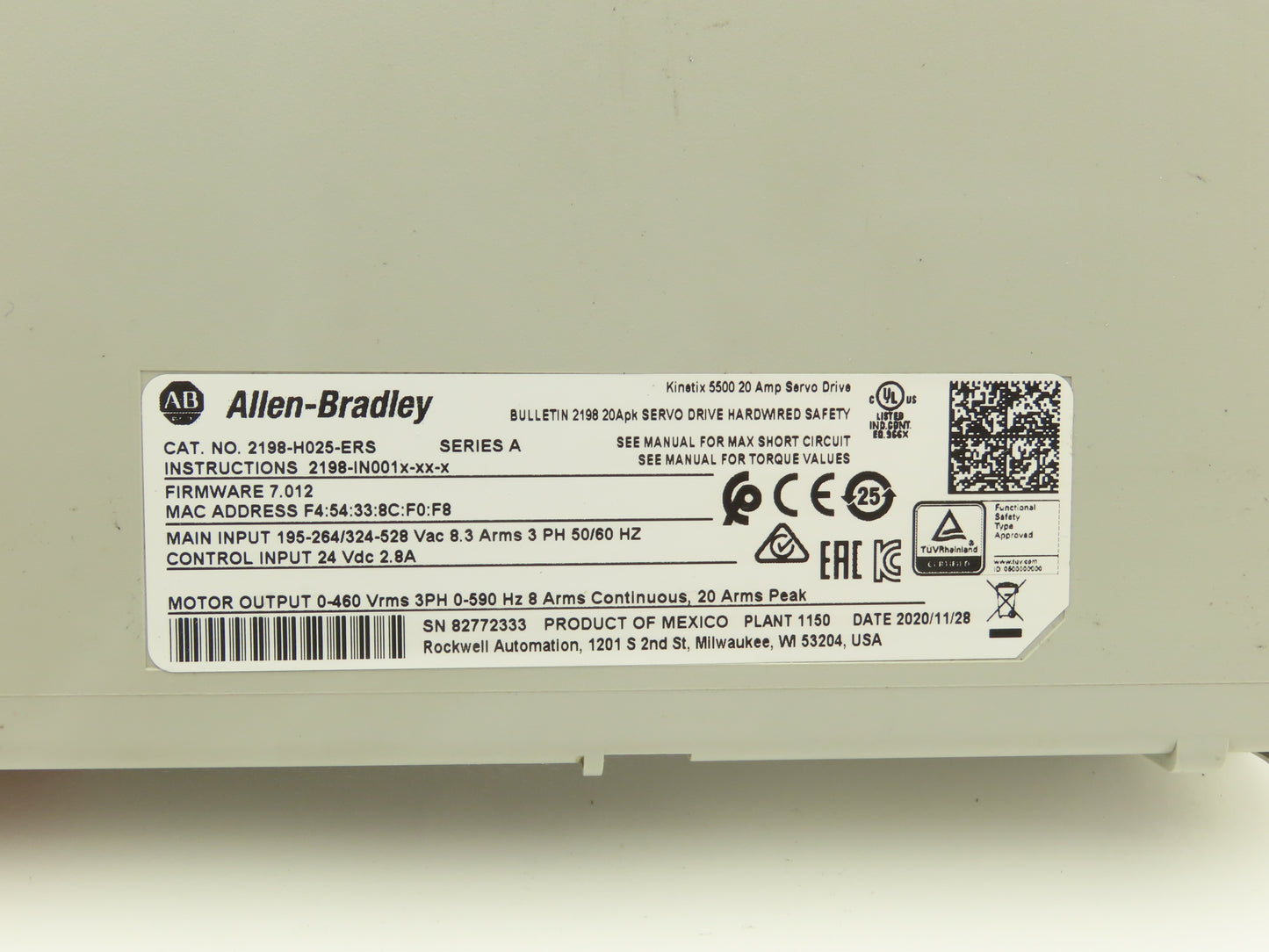 Allen Bradley 2198-H025-ERS Kinetix 5500 Servo Drive 20A Ser A Firmware 7.012