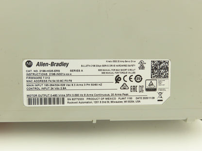 Allen Bradley 2198-H025-ERS Kinetix 5500 Servo Drive 20A Ser A Firmware 7.012