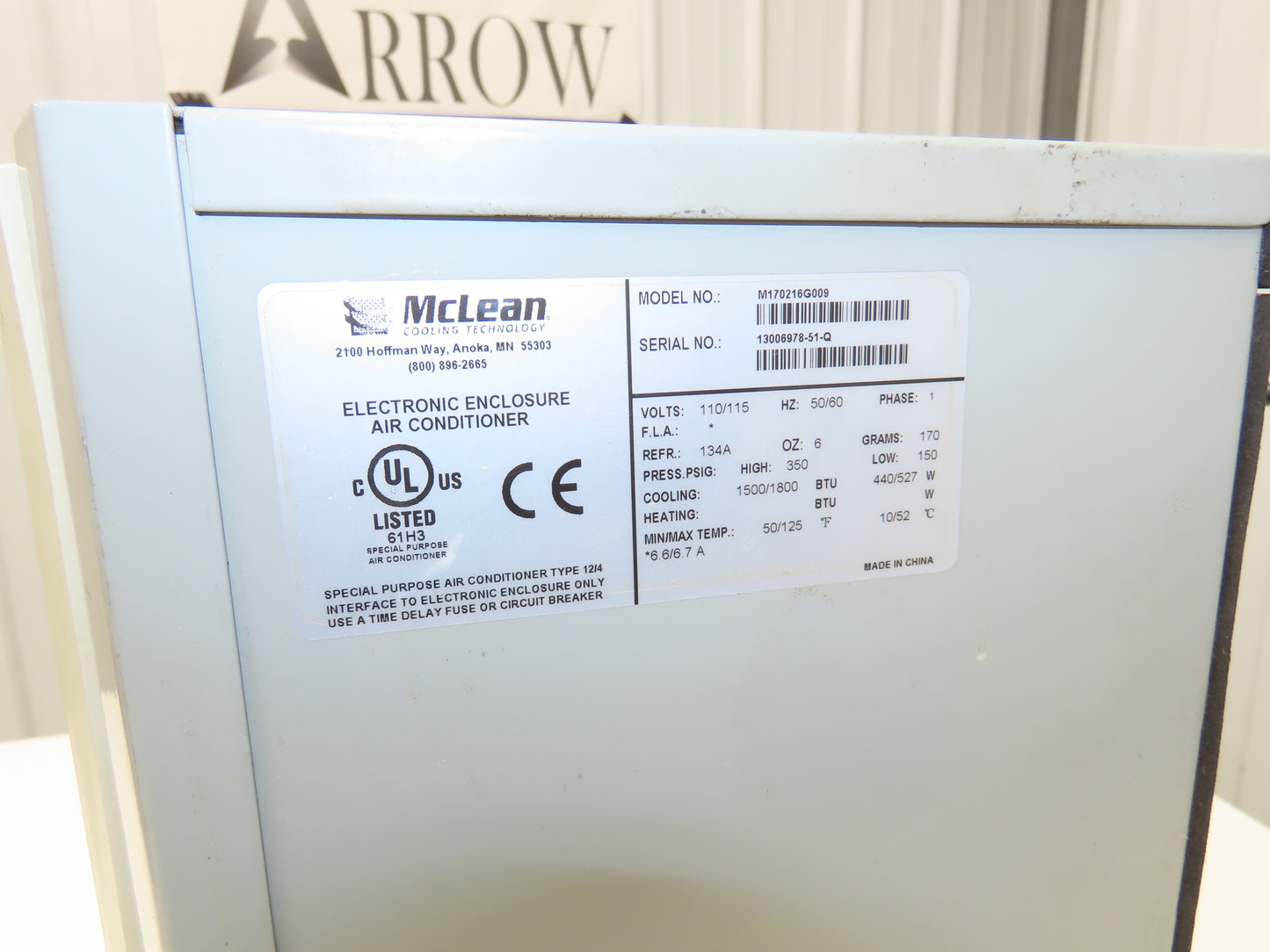 McLean M170216G009 Enclosure Cooling Air Conditioner 1800 BTU 527W 115V