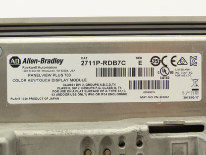 Allen Bradley 2711P-B7C4A8 PanelView Plus 700 Graphic Touch Terminal 2711P-RDB7C