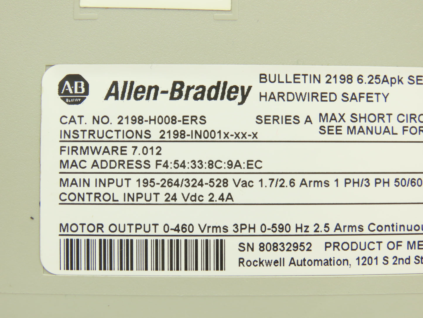 Allen Bradley 2198-H008-ERS Kinetix 5500 Servo Drive 20A Ser A Firmware 7.012