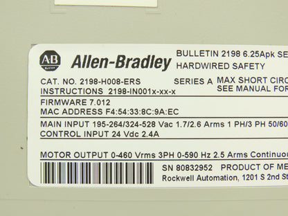 Allen Bradley 2198-H008-ERS Kinetix 5500 Servo Drive 20A Ser A Firmware 7.012