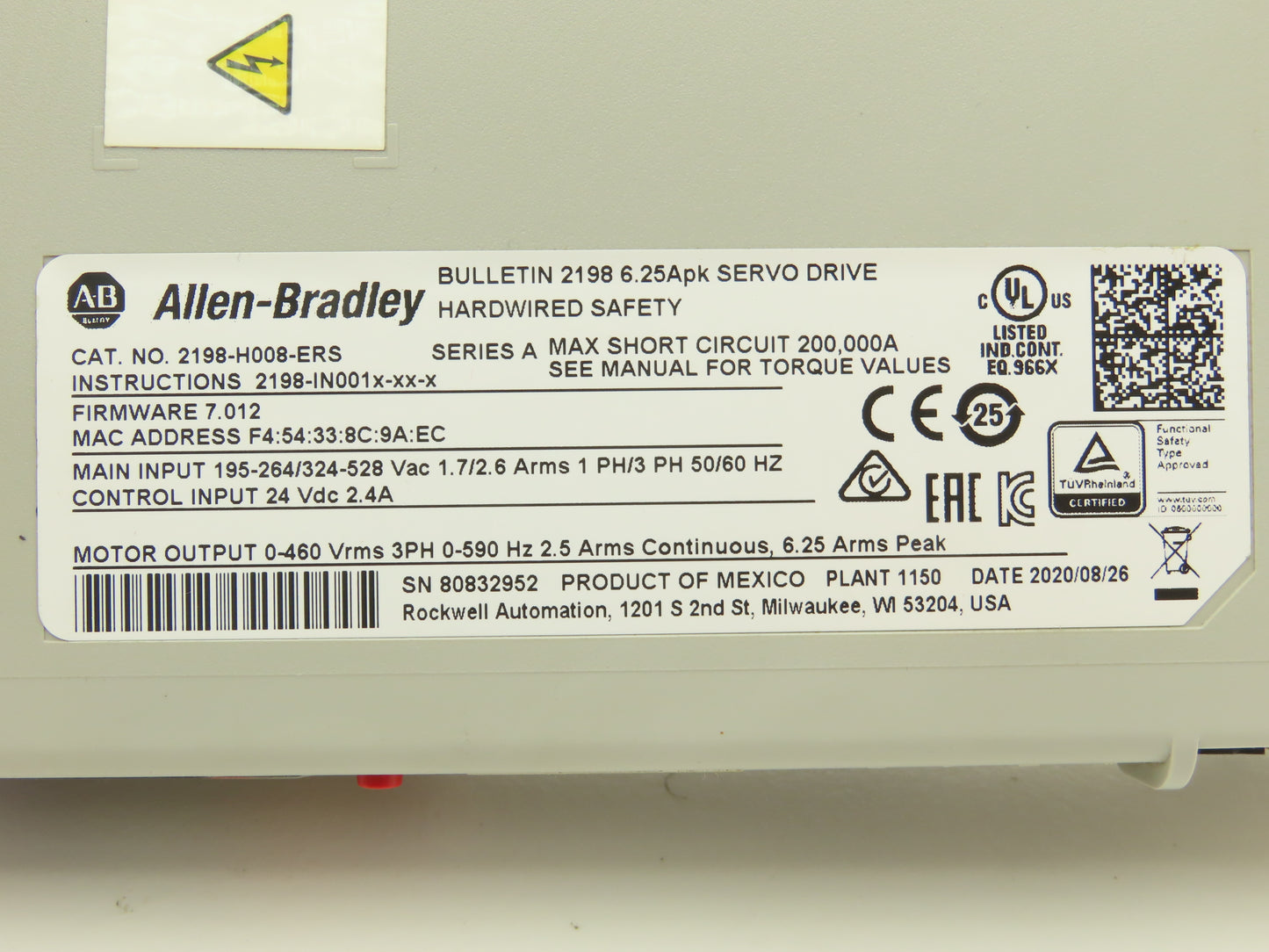Allen Bradley 2198-H008-ERS Kinetix 5500 Servo Drive 20A Ser A Firmware 7.012
