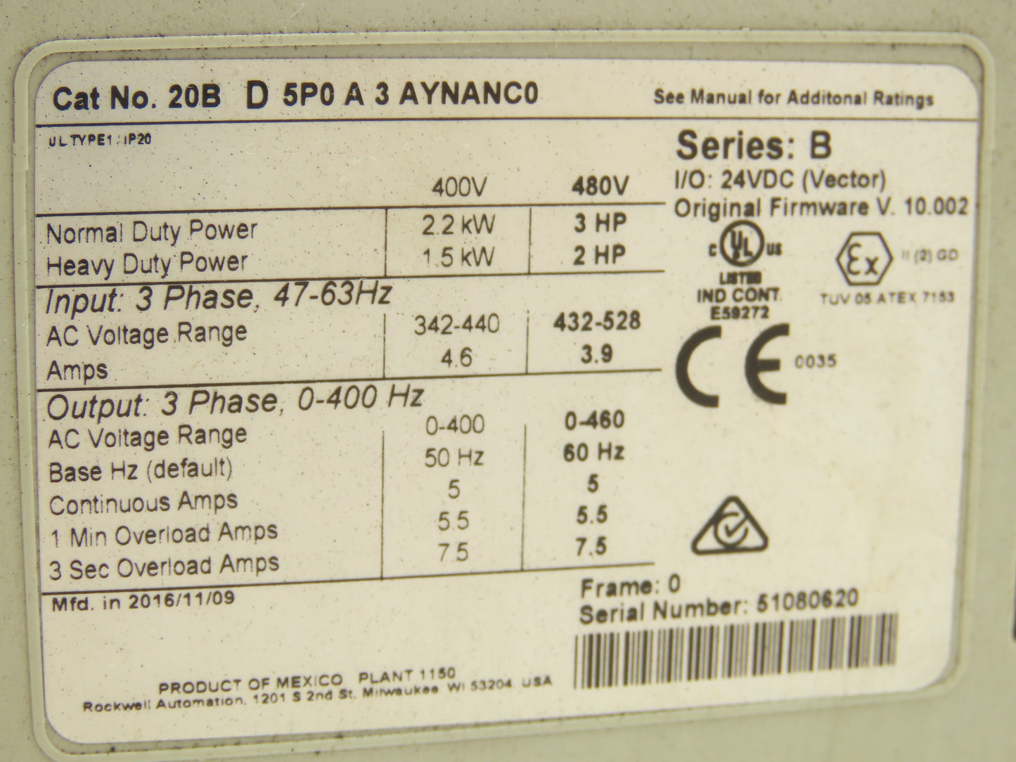 20B D 5P0 A 3 AYNANC0 PowerFlex 700 AC Drive 3HP 480V 3Ph Ser B FRN 10.002 READ
