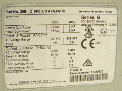 20B D 5P0 A 3 AYNANC0 PowerFlex 700 AC Drive 3HP 480V 3Ph Ser B FRN 10.002 READ