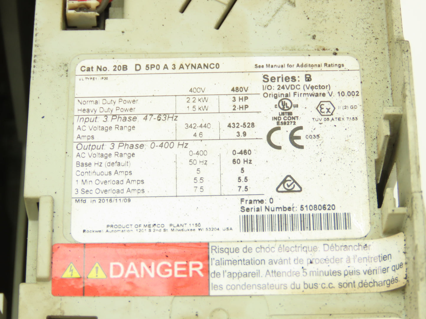 20B D 5P0 A 3 AYNANC0 PowerFlex 700 AC Drive 3HP 480V 3Ph Ser B FRN 10.002 READ
