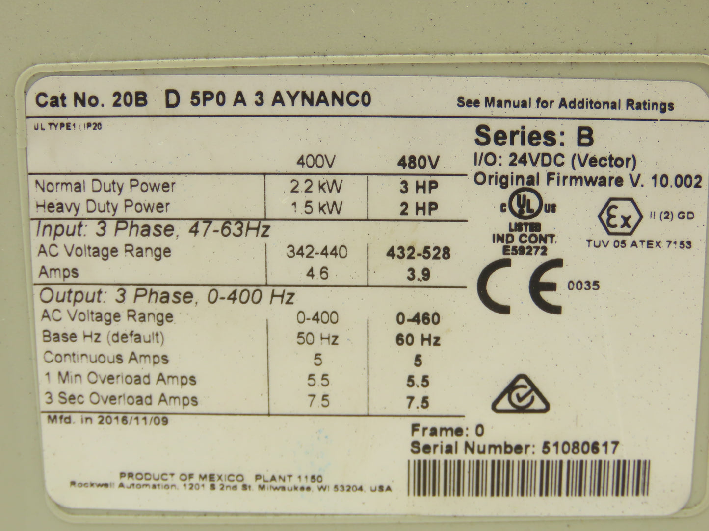20B D 5P0 A 3 AYNANC0 PowerFlex 700 AC Drive 3HP 480V 3Ph Ser B FRN 10.002 READ