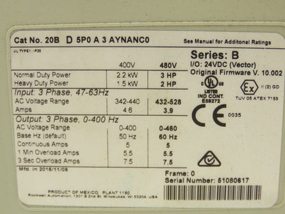 20B D 5P0 A 3 AYNANC0 PowerFlex 700 AC Drive 3HP 480V 3Ph Ser B FRN 10.002 READ