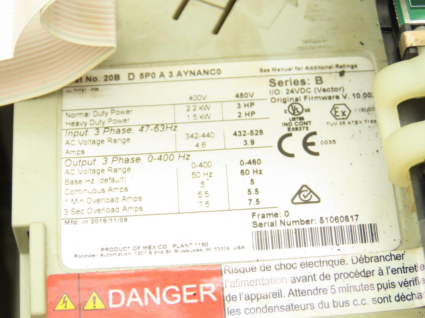 20B D 5P0 A 3 AYNANC0 PowerFlex 700 AC Drive 3HP 480V 3Ph Ser B FRN 10.002 READ