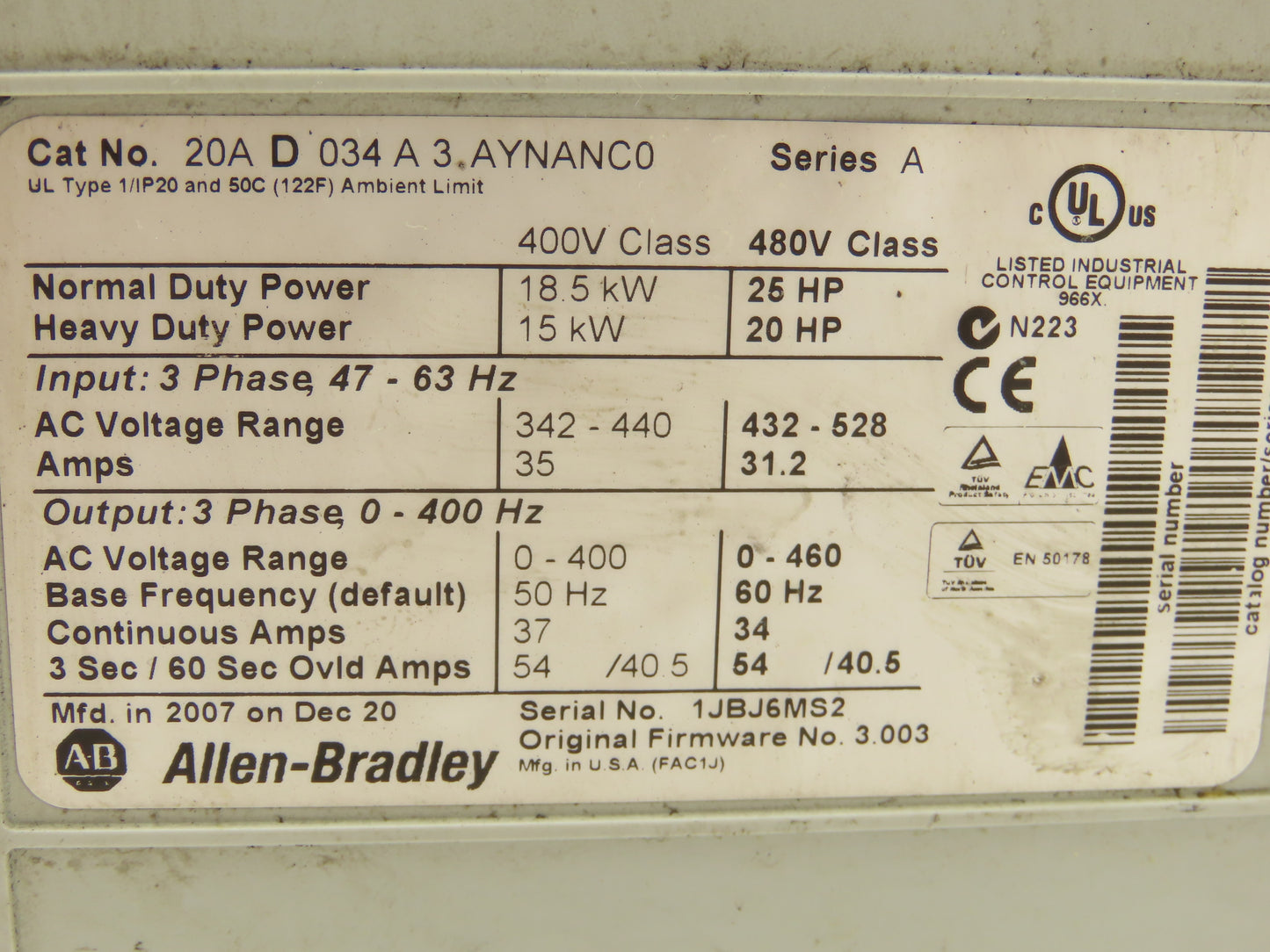Allen Bradley 20A D 034 A 3 AYNANC0 PowerFlex 70 VFD 25Hp 480V 3Ph 20A Ser A