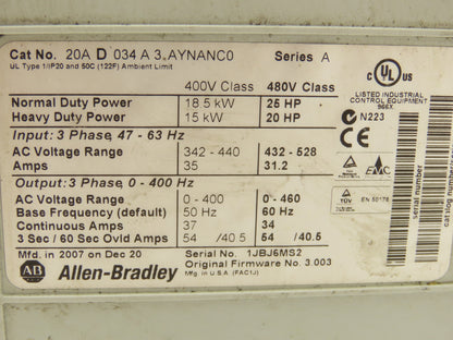 Allen Bradley 20A D 034 A 3 AYNANC0 PowerFlex 70 VFD 25Hp 480V 3Ph 20A Ser A