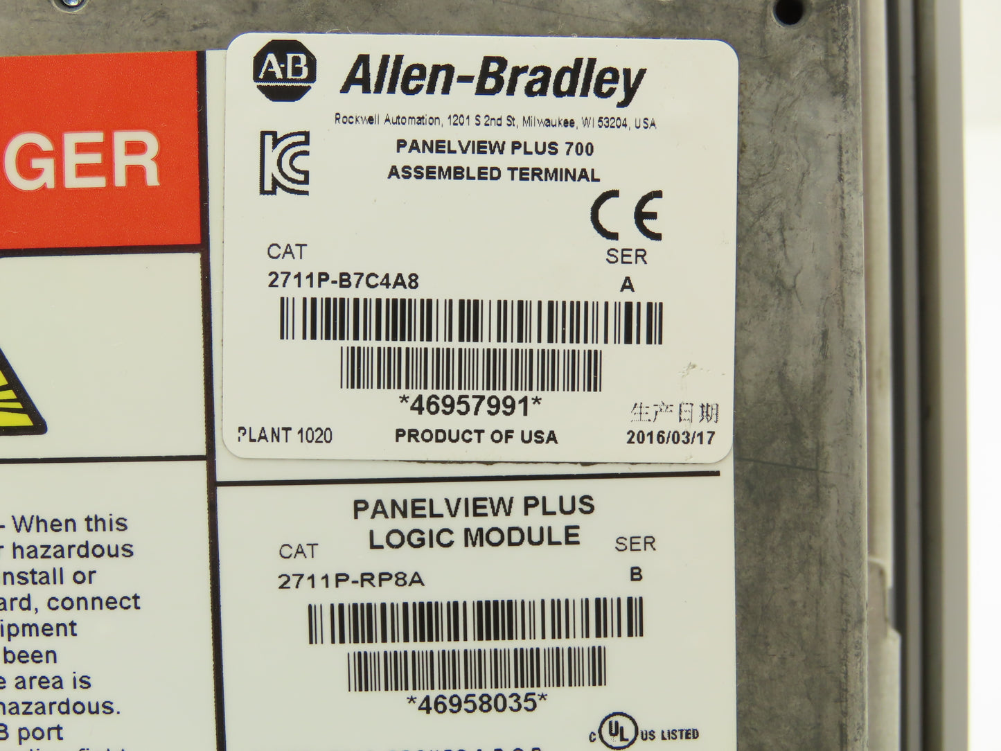 Allen Bradley 2711P-B7C4A8 PanelView Plus 700 Graphic Touch Terminal 2711P-RDB7C