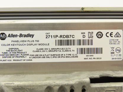 Allen Bradley 2711P-B7C4A8 PanelView Plus 700 Graphic Touch Terminal 2711P-RDB7C