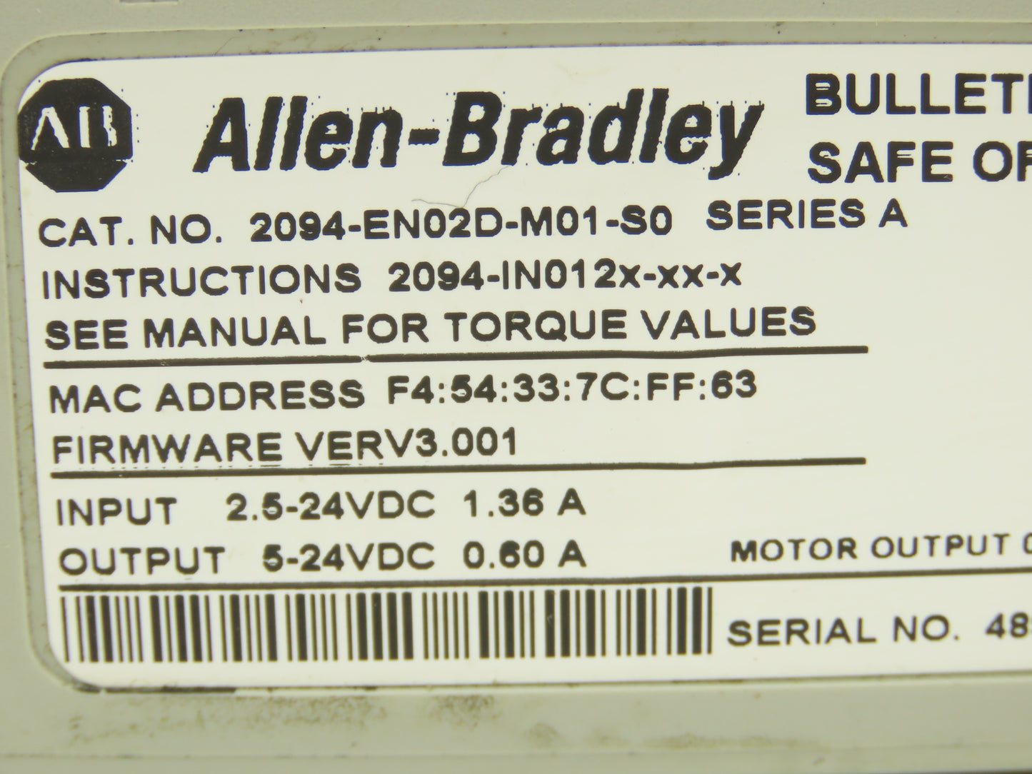 Allen Bradley 2094-EN02D-M01-S0 Control Module Kinetix 6500 Safe Off Ser A 24VDC