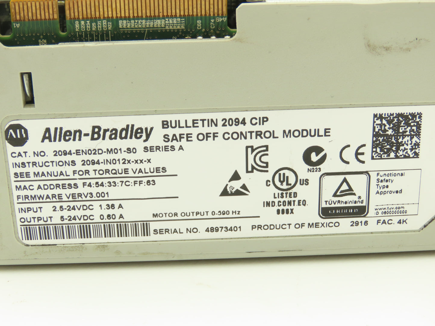 Allen Bradley 2094-EN02D-M01-S0 Control Module Kinetix 6500 Safe Off Ser A 24VDC