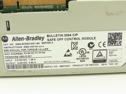 Allen Bradley 2094-EN02D-M01-S0 Control Module Kinetix 6500 Safe Off Ser A 24VDC