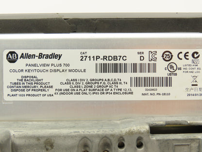 Allen Bradley 2711P-B7C4D8 PanelView Plus 700 Graphic Terminal Touch Screen 24V