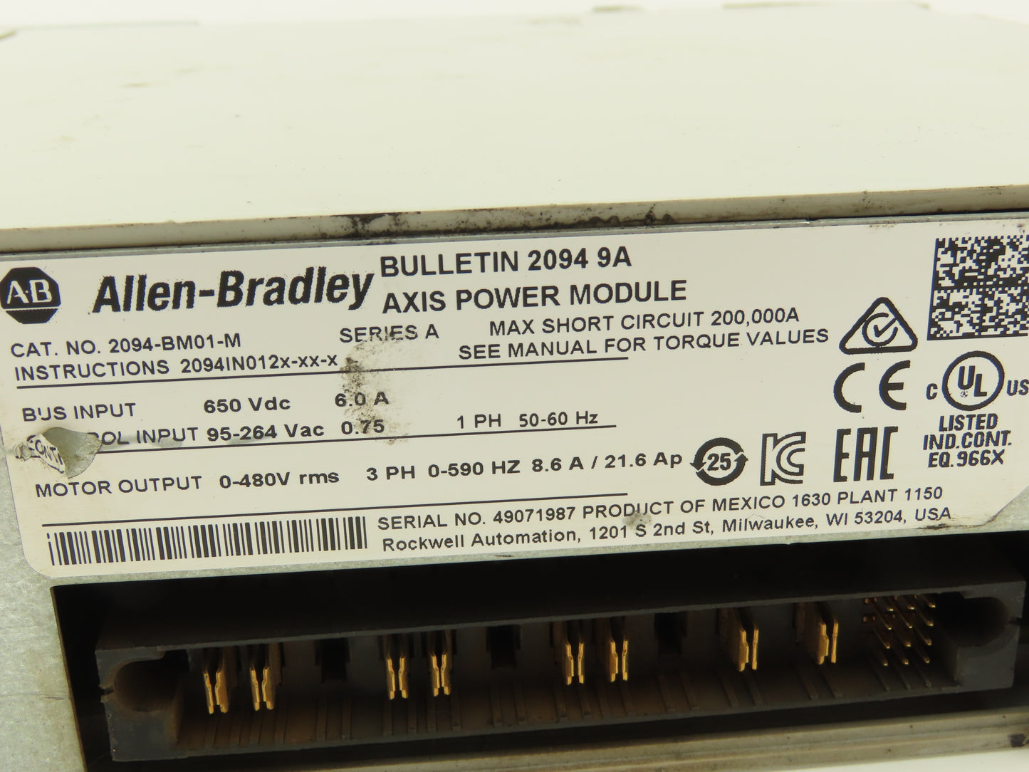 Allen Bradley 2094-BM01-M 9A Axis Power Module VFD 480V 3Ph 0-590Hz 21.6A READ