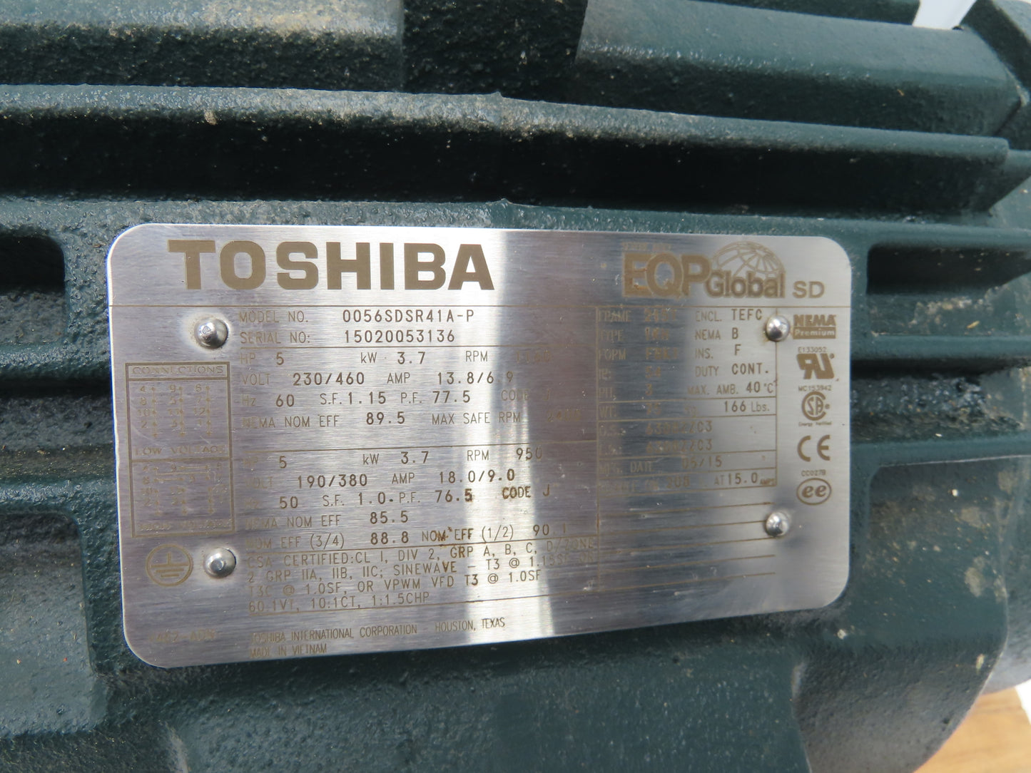 Toshiba 0056SDSR41A-P EQP Global SD AC Motor 5Hp 1160rpm 230/460V 3PH 215T