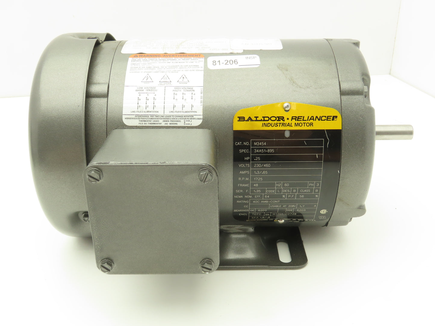 Baldor M3454 Fan Motor 1/4Hp 1725rpm 230/460V 3PH TEFC 48 Frame