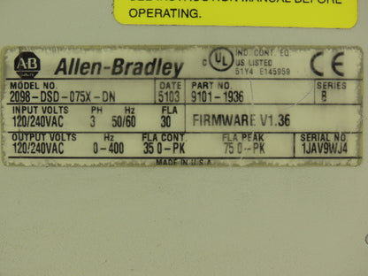 Allen Bradley 2098-DSD-075X-DN Ultra 3000i Servo Drive 240V 3Ph Ser B FW V1.36