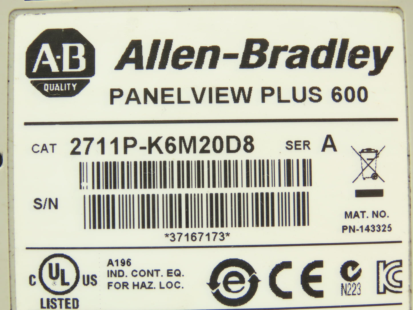 Allen Bradley 2711P-K6M20D8 PanelView Plus 600 Graphic Terminal Series A -READ