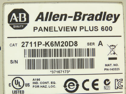 Allen Bradley 2711P-K6M20D8 PanelView Plus 600 Graphic Terminal Series A -READ