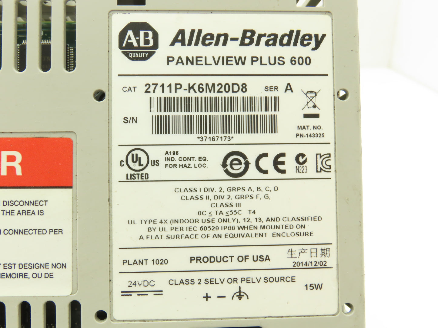 Allen Bradley 2711P-K6M20D8 PanelView Plus 600 Graphic Terminal Series A -READ