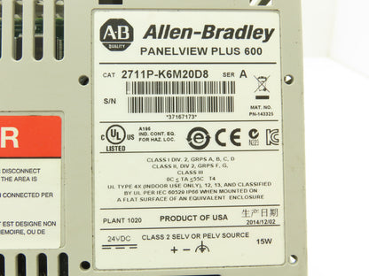Allen Bradley 2711P-K6M20D8 PanelView Plus 600 Graphic Terminal Series A -READ