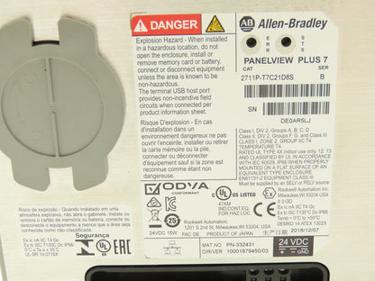 Allen Bradley 2711P-T7C21D8S PanelView Plus 7 Touch Screen Control HMI 24VDC