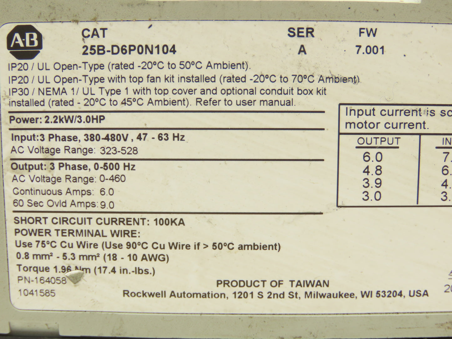 Allen Bradley 25B-D6P0N104 Powerflex 525 3Hp VFD AC Drive 480V 50/60Hz FW 7.001