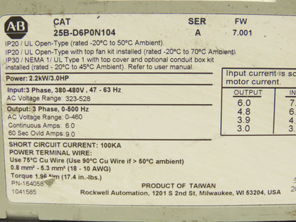 Allen Bradley 25B-D6P0N104 Powerflex 525 3Hp VFD AC Drive 480V 50/60Hz FW 7.001