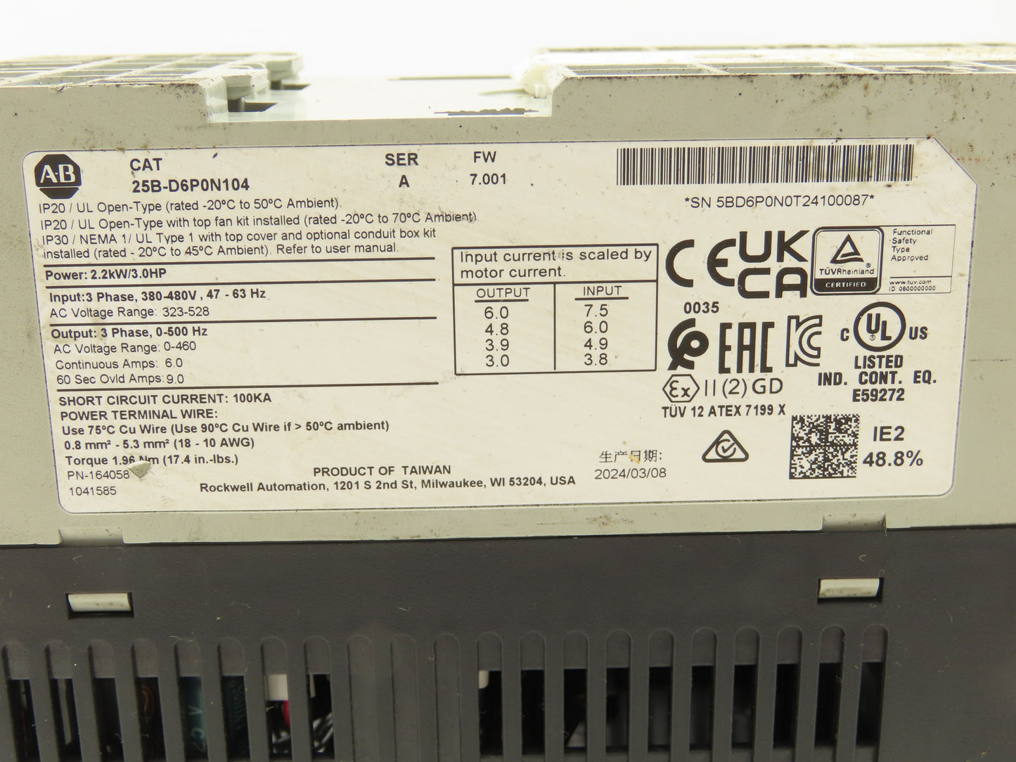 Allen Bradley 25B-D6P0N104 Powerflex 525 3Hp VFD AC Drive 480V 50/60Hz FW 7.001