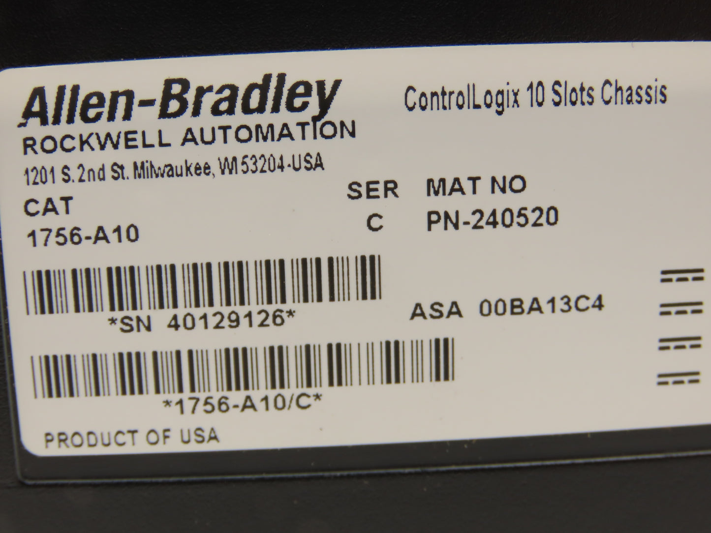 Allen Bradley 1756-A10 ControlLogix I/O Chassis 10 Slot Series C 233667