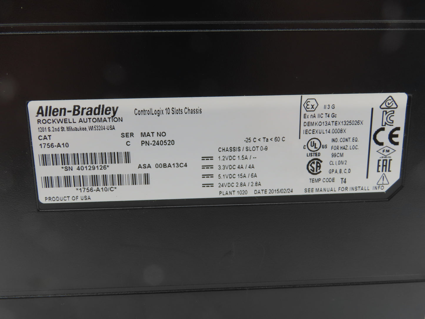 Allen Bradley 1756-A10 ControlLogix I/O Chassis 10 Slot Series C 233667