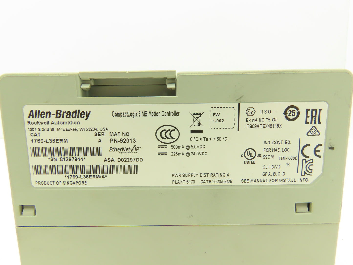 Allen Bradley 1769-L36ERM CompactLogix 3MB Motion Controller CPU Ser A FW 1.002